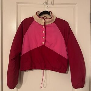 Zara Pink and Burgundy Colorblock Pullover Puffer with Sherpa Collar